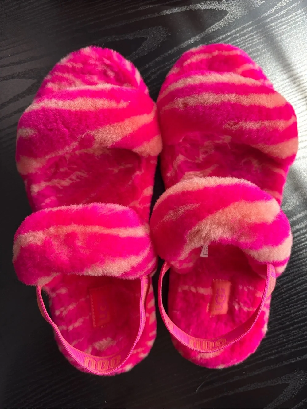 UGG OH YEAH ZEBRA Fuzzy Pink & Coral Striped Slippers